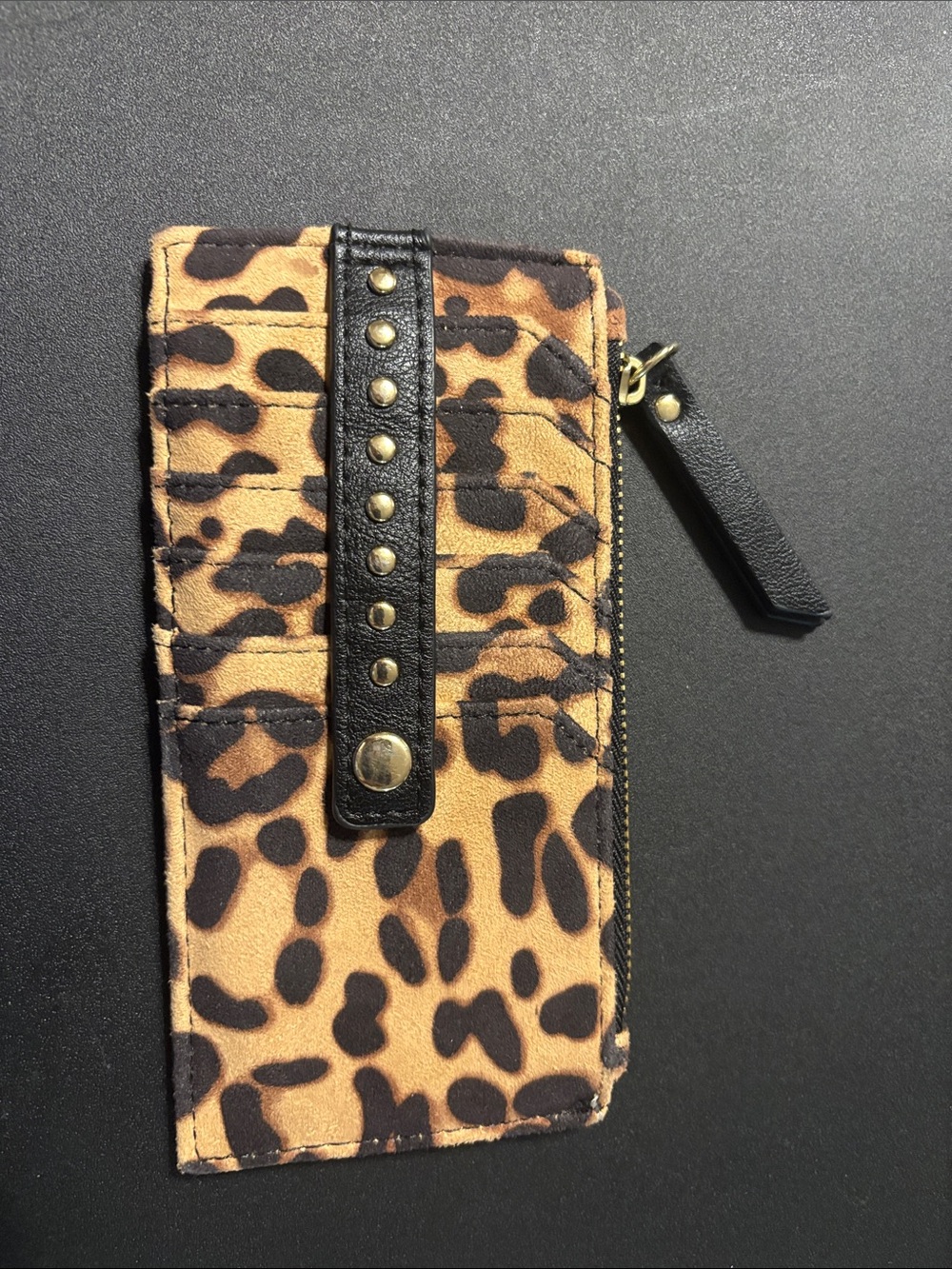 Leopard Print Zip Wallet with Studded Black Trim